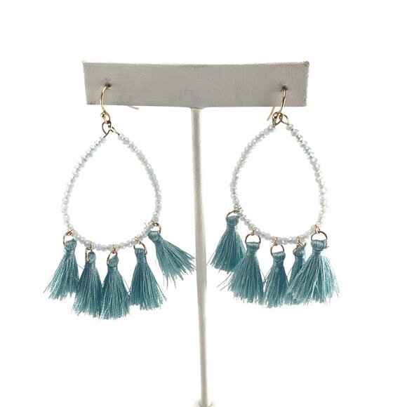 Teal Tassel Beaded Hoop Earrings With Gold Hooks Long Bohemian Statement Jewelry - Picture 7 of 8